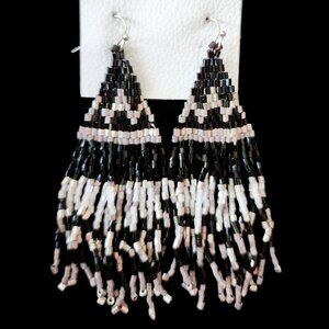 NWT Free People Black Silver White Beaded Fringe Boho Statement Earrings